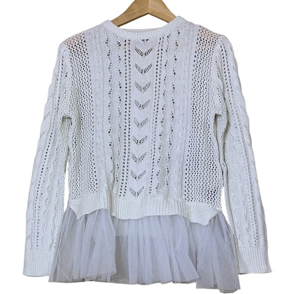 POL Sweaters - POL Mixed Media Sweater Womens Small White Tulle Hem Cable Knit JST659